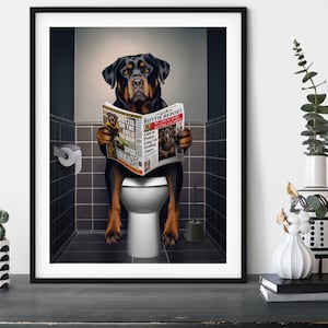 Rottweiler on the Toilet, Funny Dog Reading Newspaper