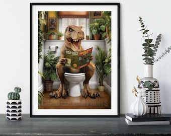 T-Rex Toilet Art Print: Dinosaur Bathroom Wall Art