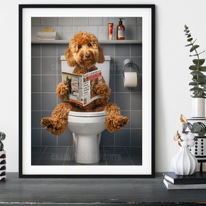 Goldendoodle on the Toilet, Funny Bathroom Humor Dog Wall Art Print