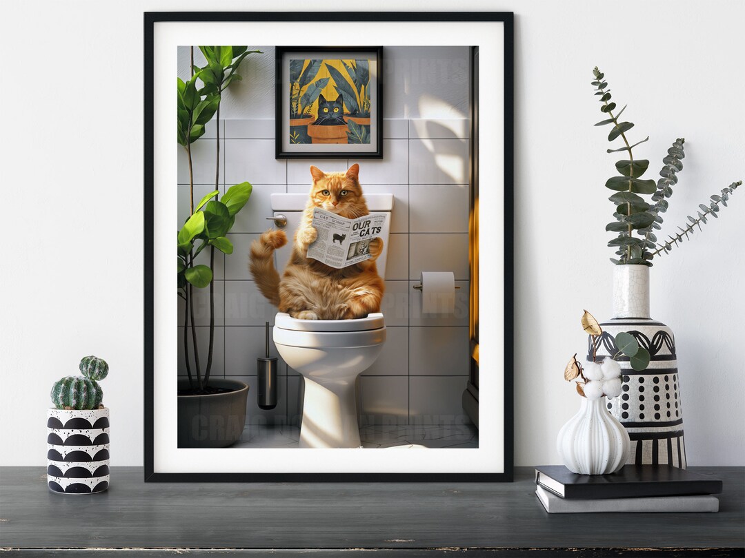 Orange Tabby Cat on the Toilet, Funny Ginger Feline Reading Newspaper ...