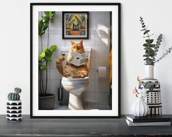 Orange Tabby Cat on the Toilet, Funny Ginger Feline Reading Newspaper Wall Art