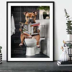Staffordshire Terrier on the Toilet, Funny Red Staffy Dog Bathroom Wall Art