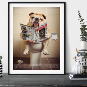 English Bulldog on the Toilet, Funny Dog Reading Newspaper Bathroom Wall Art