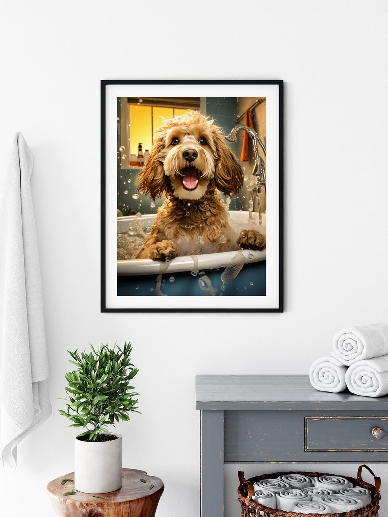 Cockapoo in the Bath Tub Funny Bathroom Wall Art Print Restroom Humor Humour Poster Parody