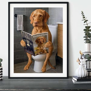 Funny Wirehaired Vizsla Bathroom Wall Art – Vizsla Dog Reading Magazine – Quirky Pet Lover Gift – Toilet Humor Dog Print