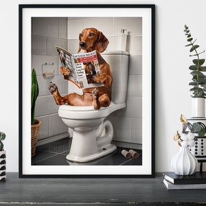Dachshund on the Toilet, Funny Sausage Dog Bathroom Wall Art