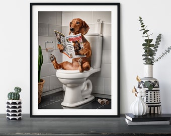 Dachshund on the Toilet, Funny Sausage Dog Bathroom Wall Art