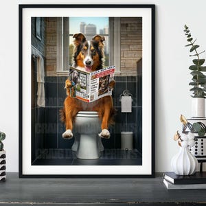 Collie on the Toilet, Funny Dog Reading Newspaper Bathroom Wall Art Print