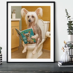 Chinese Crested Dog Bathroom Wall Art - “Pup Vogue” Toilet Magazine Print - Hairless Dog Humor Poster - Gift for Dog Lovers