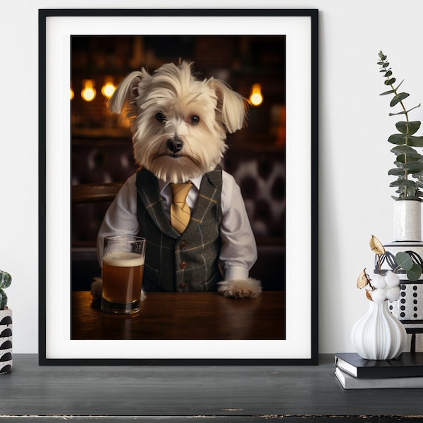 Westiepoo Dog in the Pub, Funny Dressed Dogs in the Boozer, Interior Gift Idea, Pet Owner, Wall Art Poster Print, Drinking