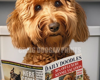 Funny Goldendoodle Bathroom Print: Dog on Toilet Reading Newspaper