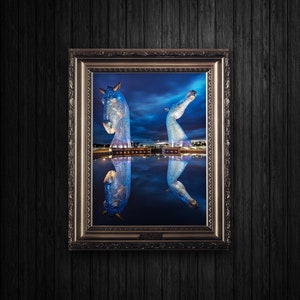 May include: A framed photograph of a blue, illuminated sculpture of two horses, reflected in a still body of water at night. The sculpture is made of many small, reflective pieces, creating a shimmering effect.