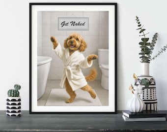 Funny Cockapoo Bathroom Print – Playful Dog in Robe Art