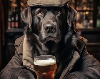 Funny Black Lab Drinking Beer Print, Vintage Pub Wall Art, Man Cave Decor