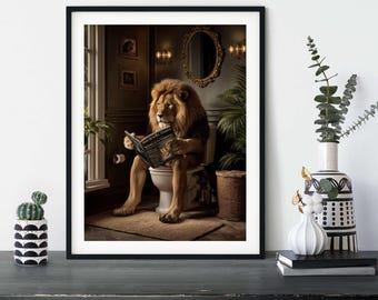 Lion Toilet Art Print | Moody Maximalist Bathroom Decor | Dark Academia Restroom Poster