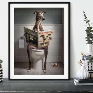 Whippet Wall Art – Dog on Toilet Reading Whipped Magazine – Humorous Brindle Sighthound Print – Bathroom Decor
