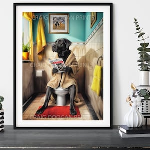 Black Labrador Retriever on the Toilet, Funny Lab Bathroom Wall Art