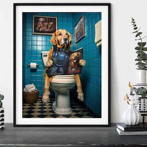 Golden Retriever on the Toilet, Funny Toilet Humour Dog Print