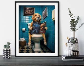 Golden Retriever on the Toilet, Funny Toilet Humour Dog Print