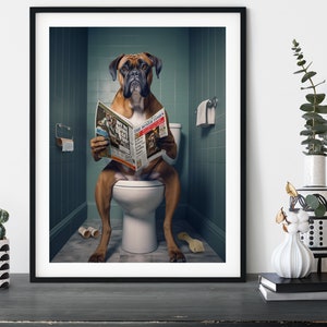 Boxer Dog on the Toilet, Funny Bathroom Wall Art