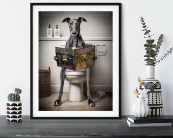 Blue Greyhound Dog on the Toilet - Funny Wall Art