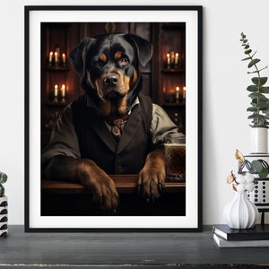 Rottweiler Dog in the Pub, Funny Dressed Dogs in the Boozer, Interior Gift Idea, Pet Owner, Wall Art Poster Print, Drinking Dogs