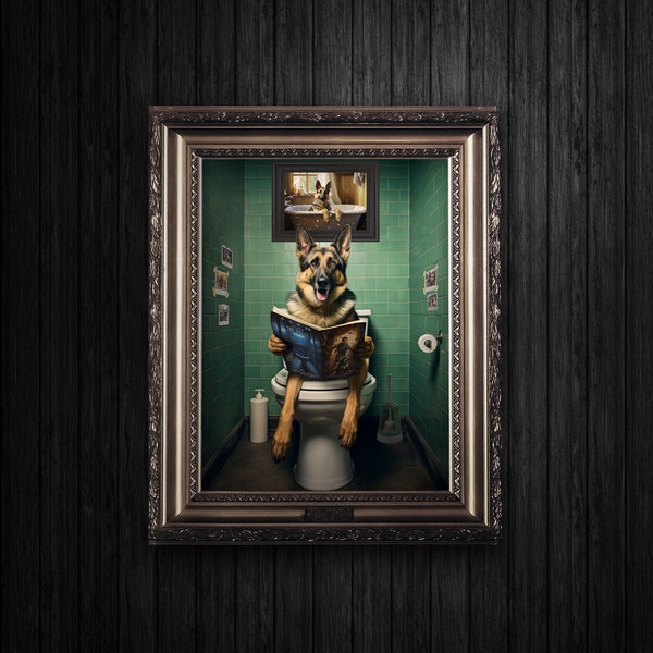 German Shepherd on the Toilet - Print at Home Download Funny Alsatian Animal Bathroom Wall Art