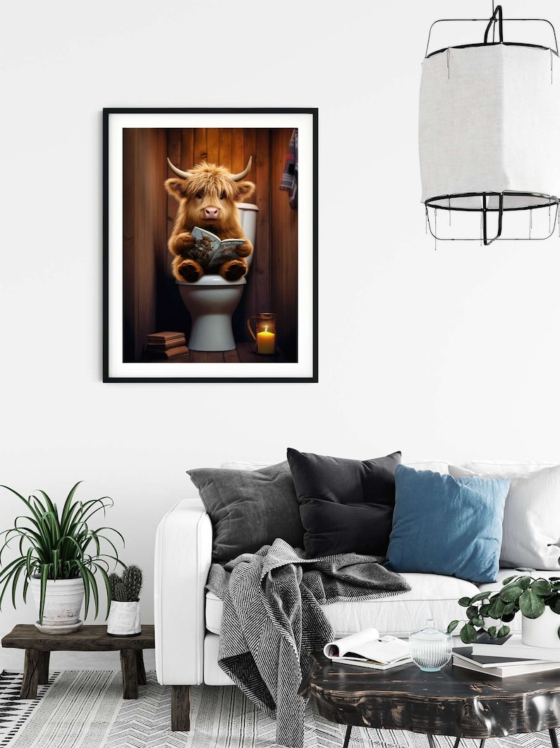 Baby Highland Cow on the Toilet, Funny Hairy Coo Bathroom Wall Art ...