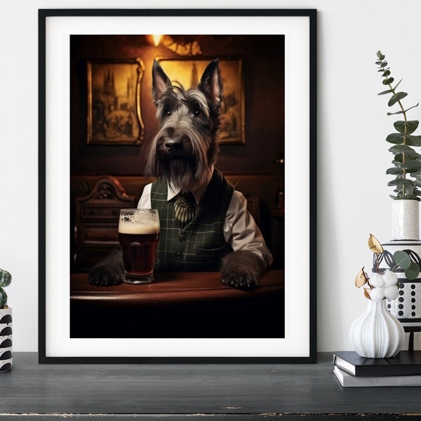 Chien de terrier écossais dans le pub, chiens habillés personnalisés drôles dans la cave, idée cadeau d'intérieur, propriétaire d'animal de compagnie, impression d'affiche d'art mural