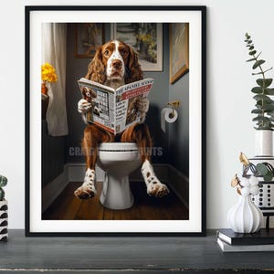 Springer Spaniel Wall Art - Dog Reading Newspaper on Toilet | Whimsical Bathroom Decor | Funny Dog Lover Gift | Unique Pet Art