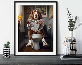 Springer Spaniel Bathroom Print: Funny Dog Lover Reading Newspaper