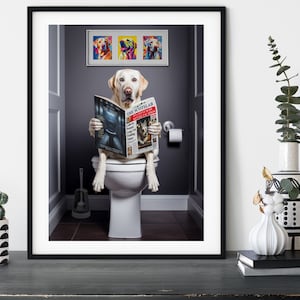 White Labrador Retriever on the Toilet, Funny Lab Toilet Humour Dog Print