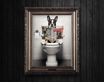 Boston Terrier on the Toilet - Printable Download Funny Dog Bathroom Wall Art