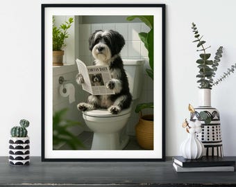 Funny Tibetan Terrier Bathroom Print: Dog Reading Newspaper Toilet Art
