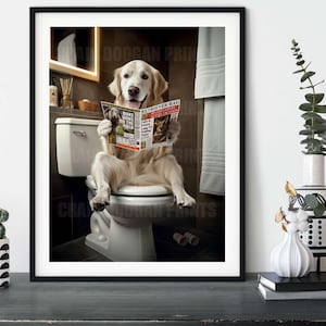 English Retriever on the Toilet, Funny Dog Bathroom Wall Art
