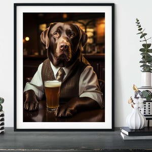 May include: A brown Labrador Retriever dog wearing a brown vest and a tie, sitting at a bar with a glass of beer in front of it.