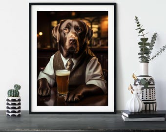 Chocolate Lab Pub Print: Dapper Dog Portrait, Funny Bar Wall Art