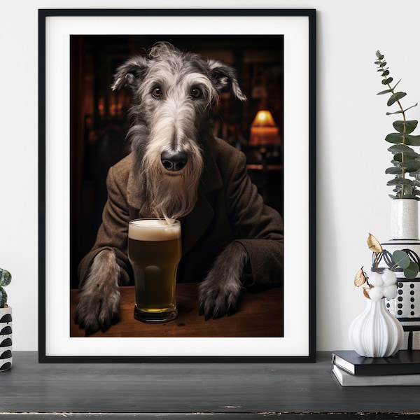 Chien cerf écossais dans le pub, chiens habillés drôles personnalisés dans la cave, idée cadeau d'intérieur, propriétaire d'animal de compagnie, impression d'affiche d'art mural