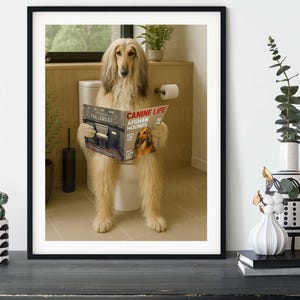 Funny Afghan Hound Bathroom Art Print – Humorous Dog Reading Magazine on Toilet – Quirky Afghan Hound Wall Decor for Bathroom or Gift