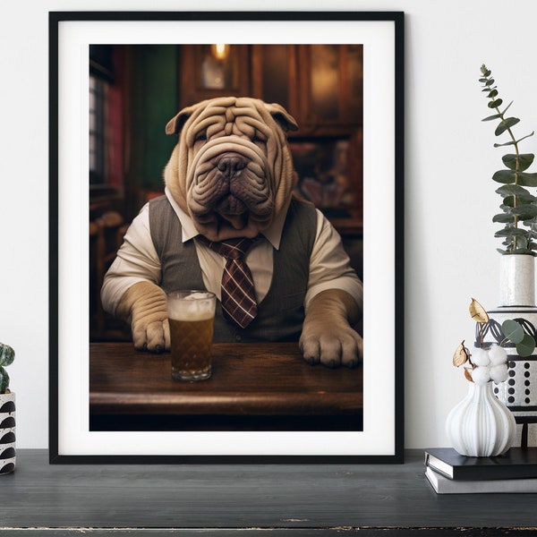 Shar Pei Dog in the Pub, Funny Dressed Dogs in the Boozer, Interior Gift Idea, Pet Owner, Wall Art Poster Print, Drinking