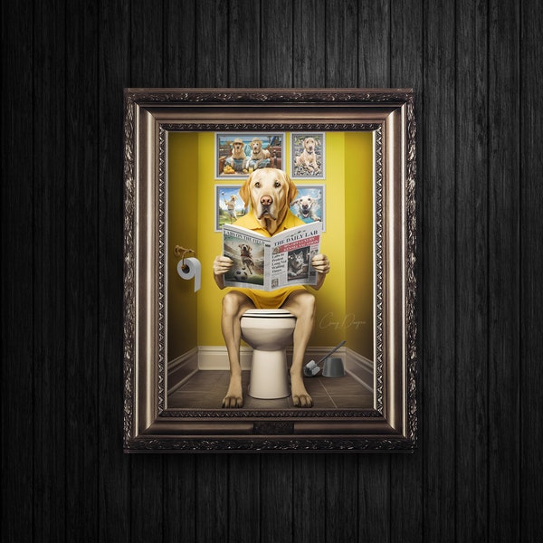 Yellow Lab on the Toilet - Print at Home Download Funny Labrador Dog Bathroom Wall Art