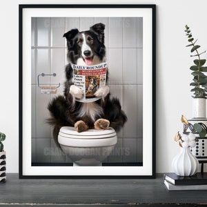 Border Collie on the Toilet, Funny Dog Reading Newspaper Poster Print