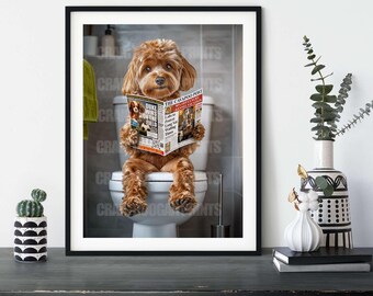 Cavapoo Bathroom Print : Funny Dog on Toilet Reading Newspaper