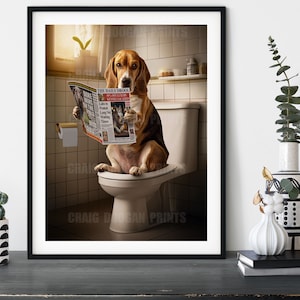 Beagle on the Toilet, Funny Dog Reading Newspaper - Bathroom Wall Art