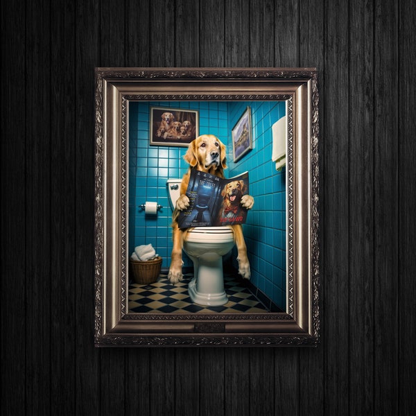 Golden Retriever on the Toilet - Print at Home Download Funny Dog Bathroom Wall Art