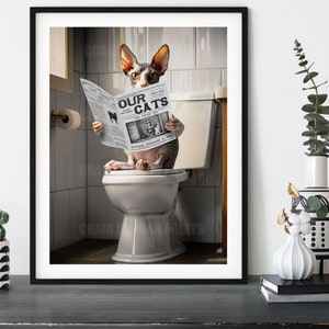 Sphynx on the Toilet, Funny Cat Reading Newspaper Poster Print