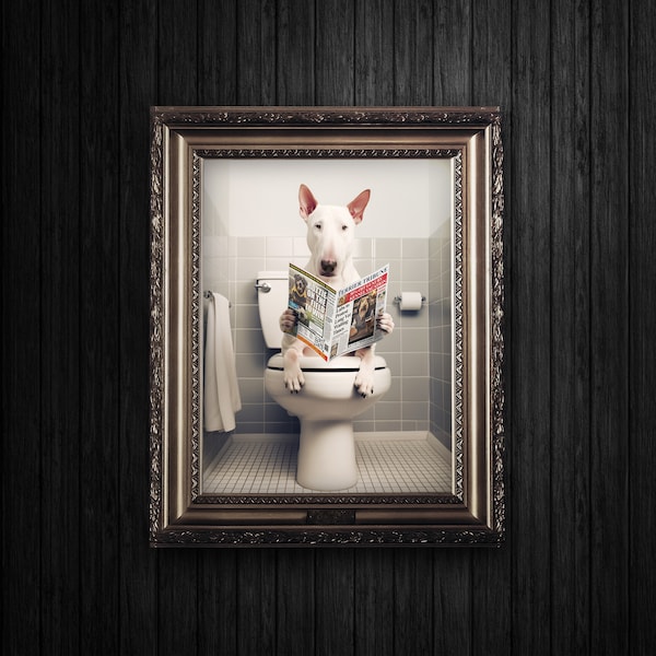 English Bull Terrier on the Toilet - Printable Download Funny Dog Bathroom Wall Art