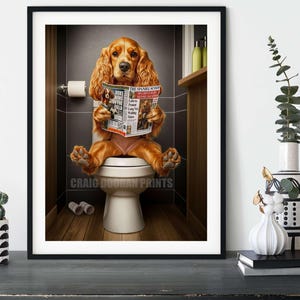 Cocker Spaniel Art Print - Dog Reading Newspaper on Toilet | Whimsical Bathroom Decor | Funny Dog Lover Gift | Unique Pet Art