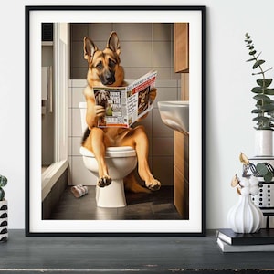 German Shepherd on the Toilet, Funny GSD Bathroom Wall Art Alsatian Dog Print