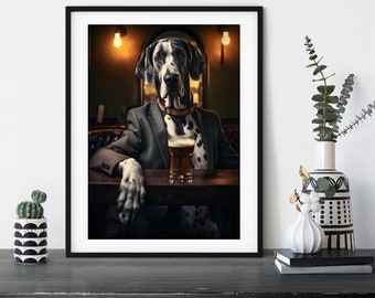 Great Dane Dog in the Pub, Funny Personalised Dressed Dogs in the Boozer, Interior Gift Idea, Pet Owner, Wall Art Poster Print, Drinking